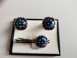 画像1: 有線七宝　カフスタイピンセット　幾何模様　ブルー